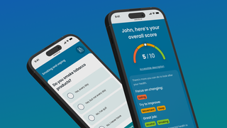 2 phone screens. One screen shows a question asking if you smoke tobacco products and the second is an example of the result page. There is a numerical score and graph.