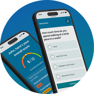 2 phone screens. One screen shows one of the a question asking how much you walk. The other shows the results page, a numerical score and graph.