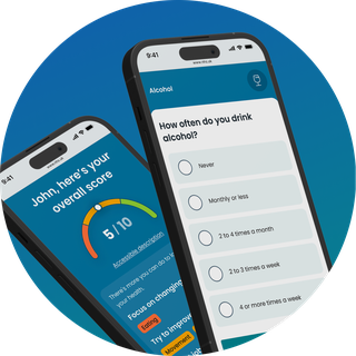2 phone screens. One screen shows one of the a question asking how often you drink alcohol and the second is an example of the result page. There is a numerical score and graph.