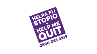 Logo has the text "Helpa fi i stopio" in Welsh and "Help me quit" in English, followed by the phone number 0800 085 2219"